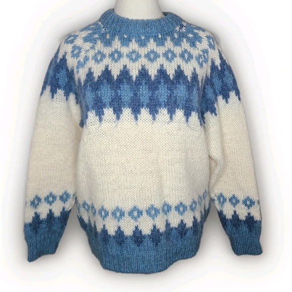 Vtg Norlander Sweater Nordic Chunky 100% Wool Blue White Norway Retro Logde Wear - Picture 1 of 6